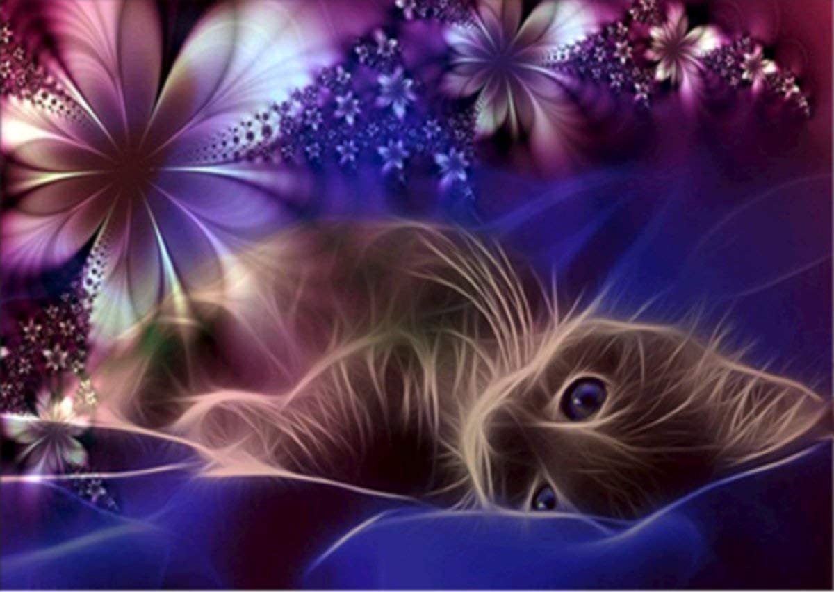 Cat & Purple Flower AB Drill Diamond Painting